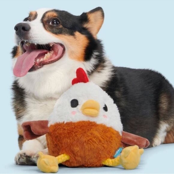 BARK 4.25” Classic Fuzzy Squeaky White Brown Gold Farm Rooster Plush Dog Toy - Picture 3 of 11